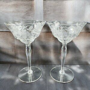 Morgantown American Glass Goblet Cups Set 2‎ Clear Rose Flower Etched Pattern